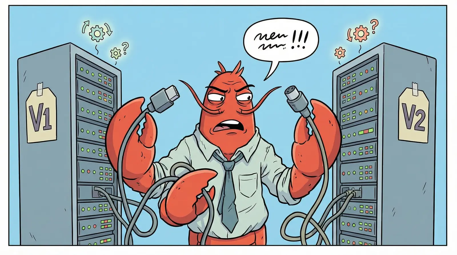 Confused lobster trying to plug mismatched cables into a server rack, with version numbers floating overhead