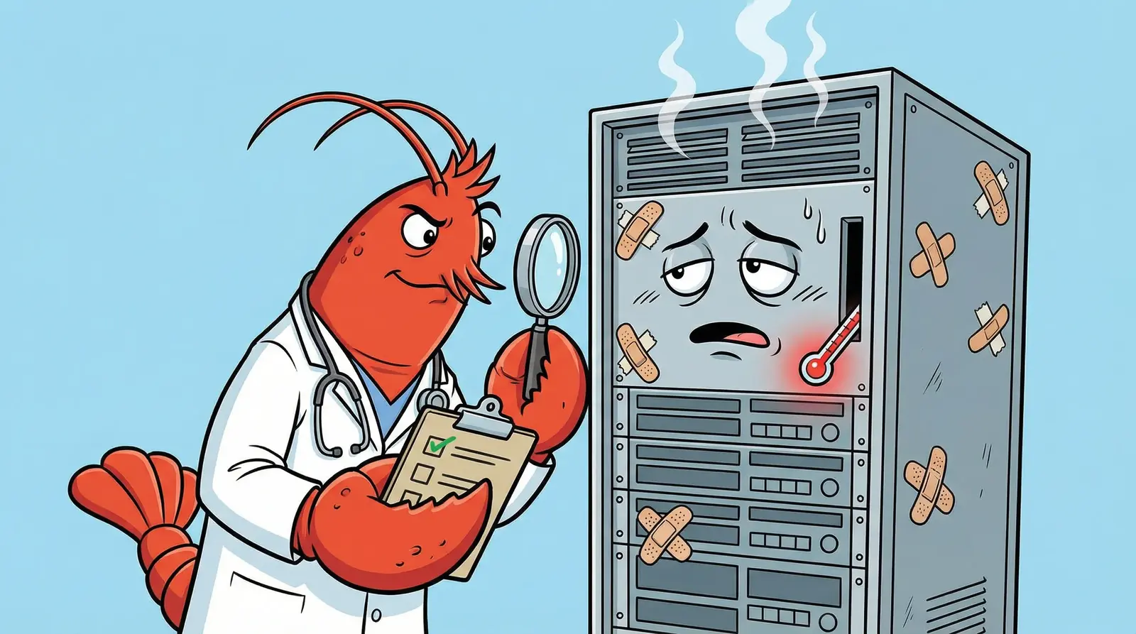 Lobster dressed as a doctor with a lab coat and stethoscope, examining a sick server rack with bandages