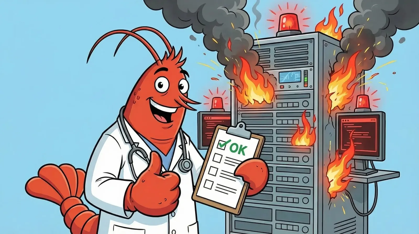 Lobster doctor giving thumbs up while server burns behind it