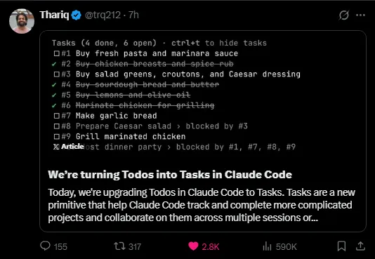 Anthropic developer trq212 announces Claude Code Tasks feature on X