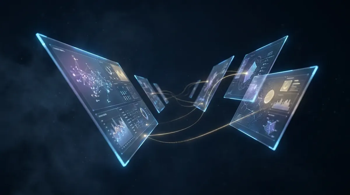 Translucent operational dashboards floating in deep navy space, connected by gold light traces. A coordinated multi-agent fleet at work.