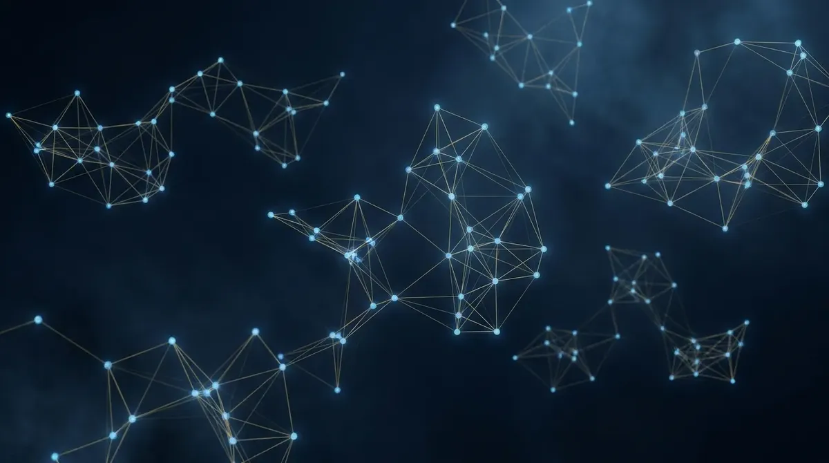 Abstract geometric mesh of glowing nodes connected by gold traces in deep navy space. Independent agents, coordinated fleet.