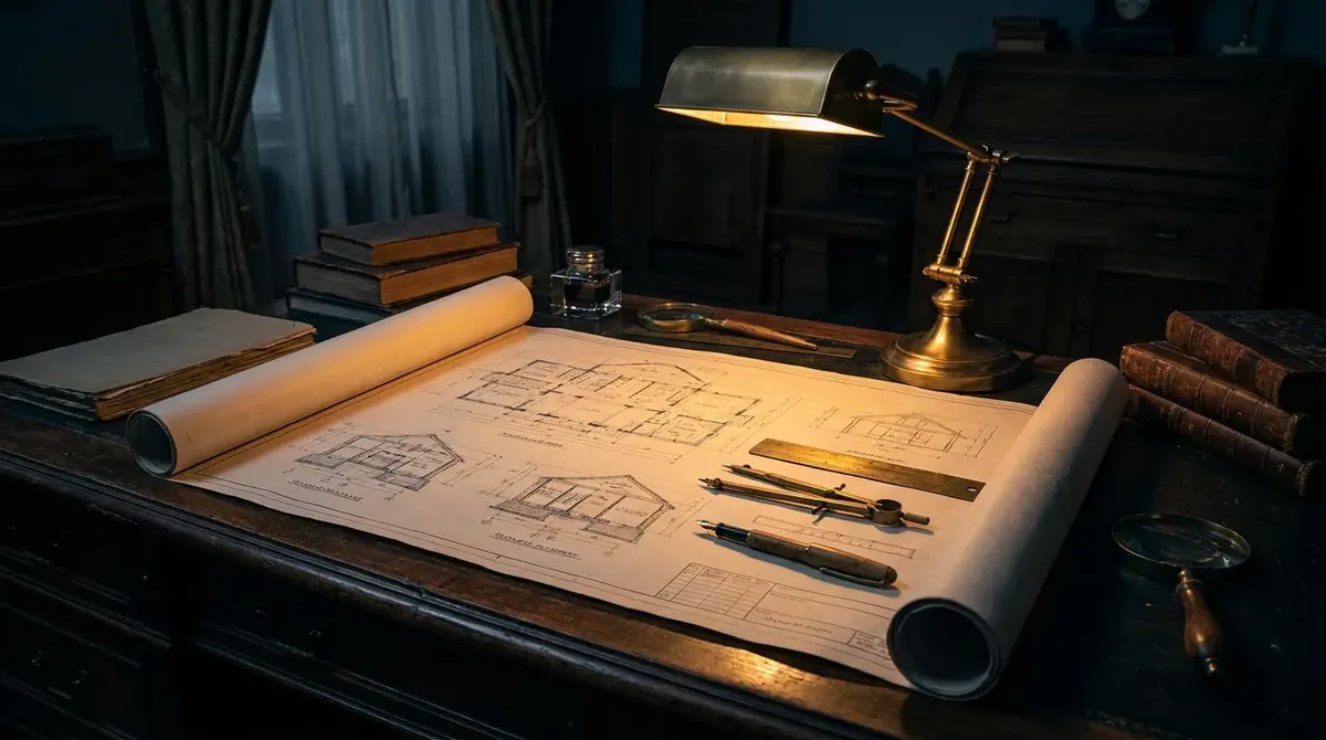 Architectural blueprint partially unrolled on a dark wood desk, brass measuring instruments and fountain pen resting on it, brass desk lamp casting warm light. Careful inspection and analysis.