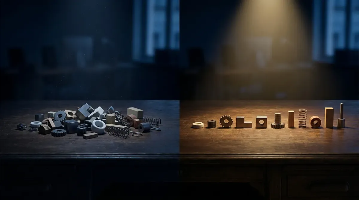 Split composition: scattered hardware in shadow on the left, the same parts organized in clean linear order under warm light on the right. What an audit reveals.
