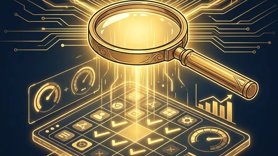 AI tools audit illustration with a magnifying glass inspecting a tool-fit matrix