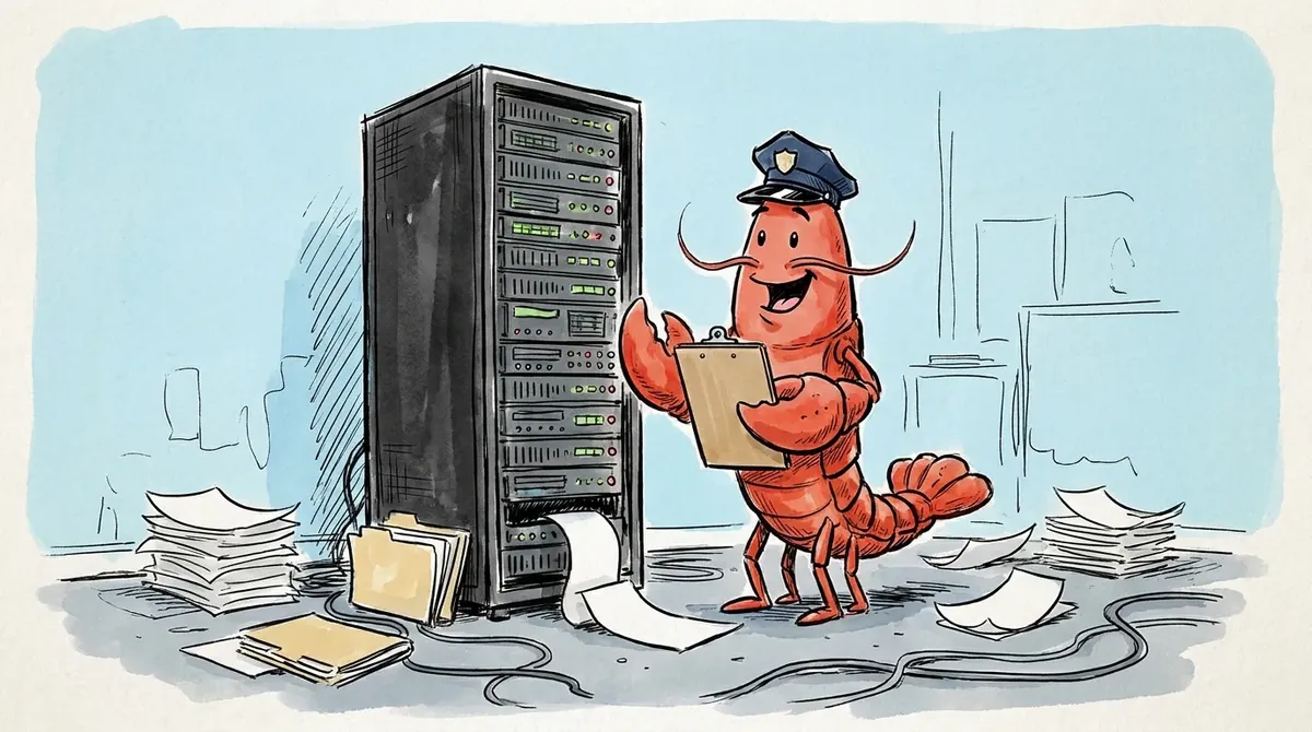 Cartoon red lobster mascot wearing a security guard cap, standing sentry next to a server rack with a clipboard, paperwork on the floor. Production OpenClaw deployment with managed oversight.