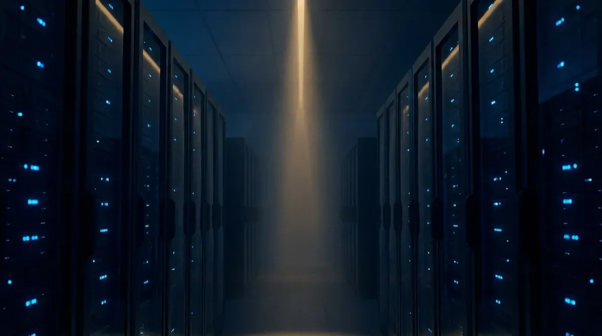 Atmospheric server room corridor at twilight: rack rows extending to the vanishing point, blue indicator LEDs, warm gold light beam descending from above. Production OpenClaw infrastructure.